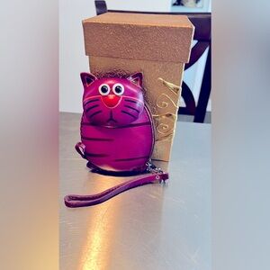Purple leather cat wristlet wallet coin case key holder bag charm